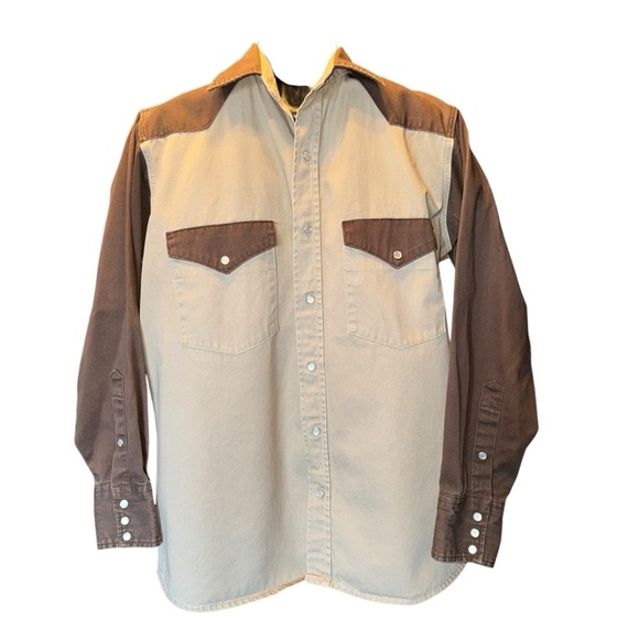 Gibson Men's Western Cowboy Denim Shirt Sz Med Brown/Tan All Cotton Pearl Snaps - Picture 2 of 8
